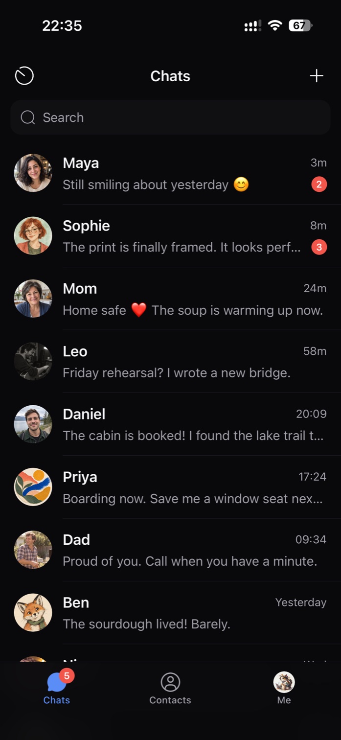 PsstPsst chat list on iOS, dark theme