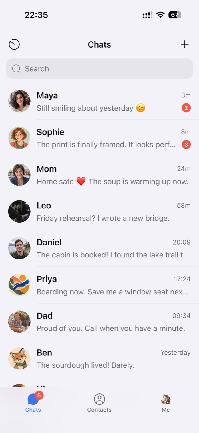PsstPsst chat list on iOS, light theme
